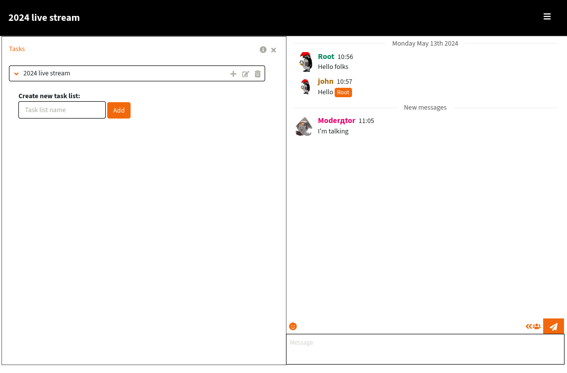 Screenshot z chatu Peertube, celá obrazovka. Aplikace Úkoly je otevřená. Je zde seznam úkolů a formulář pro vytvoření nového úkolu.